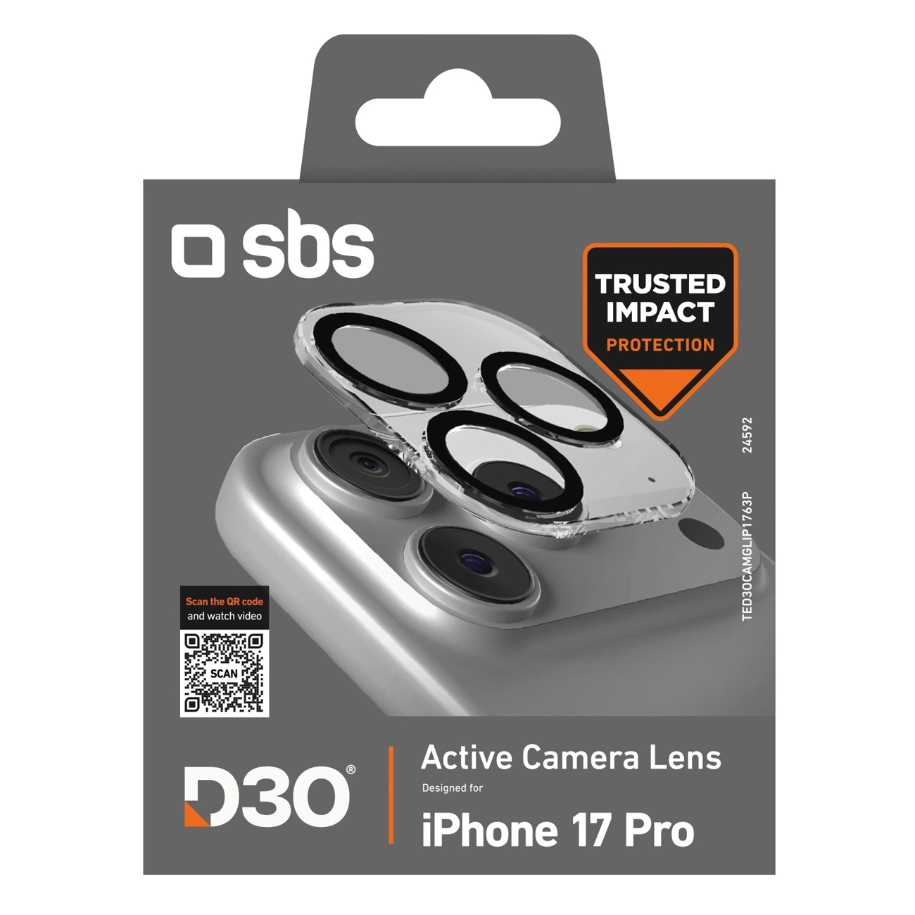 Embalaje para protector de lente de cámara SBS D3O para iPhone 17 Pro, mostrando la cubierta y el teléfono.