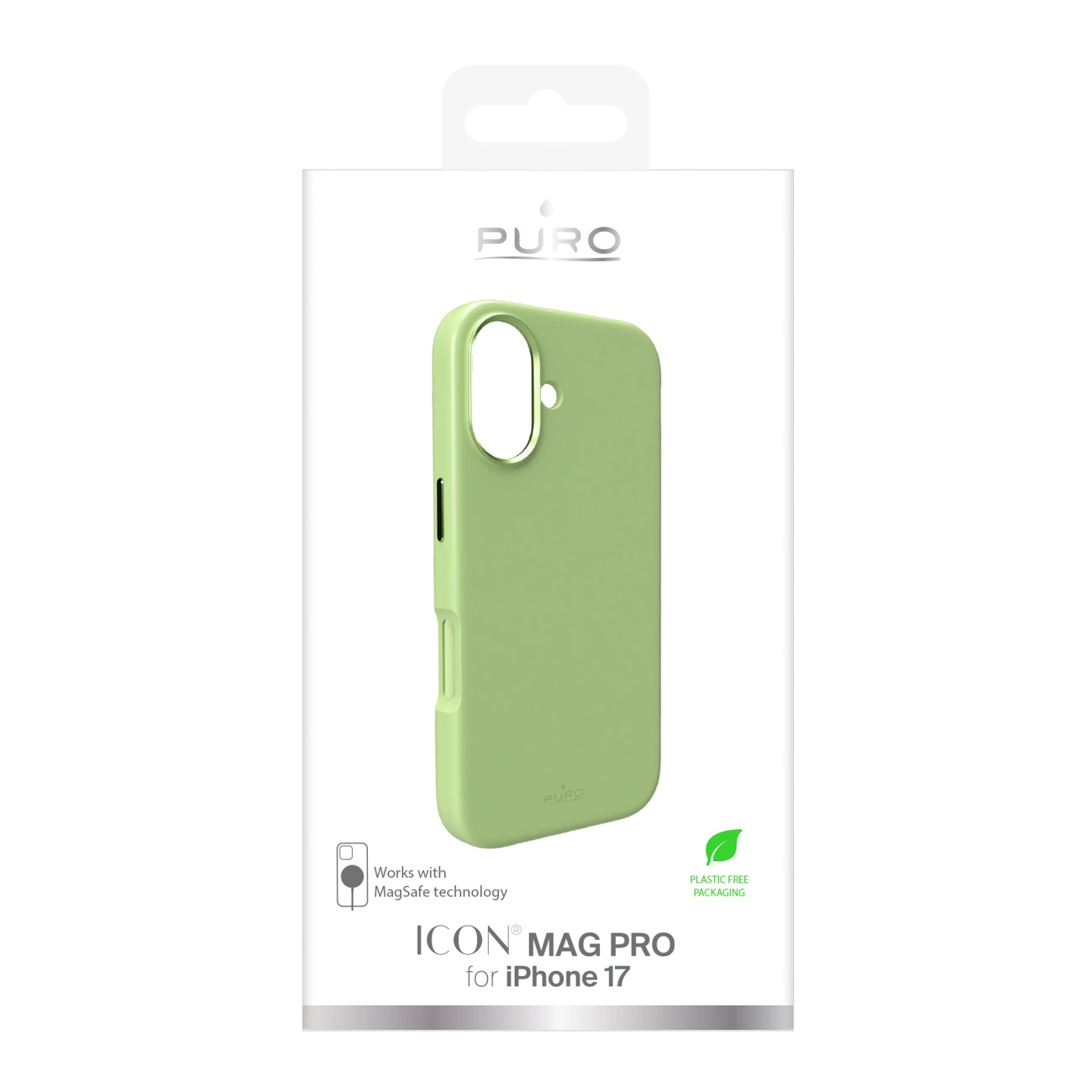 Empaque de funda verde Puro Icon Mag Pro para iPhone 17 con MagSafe.