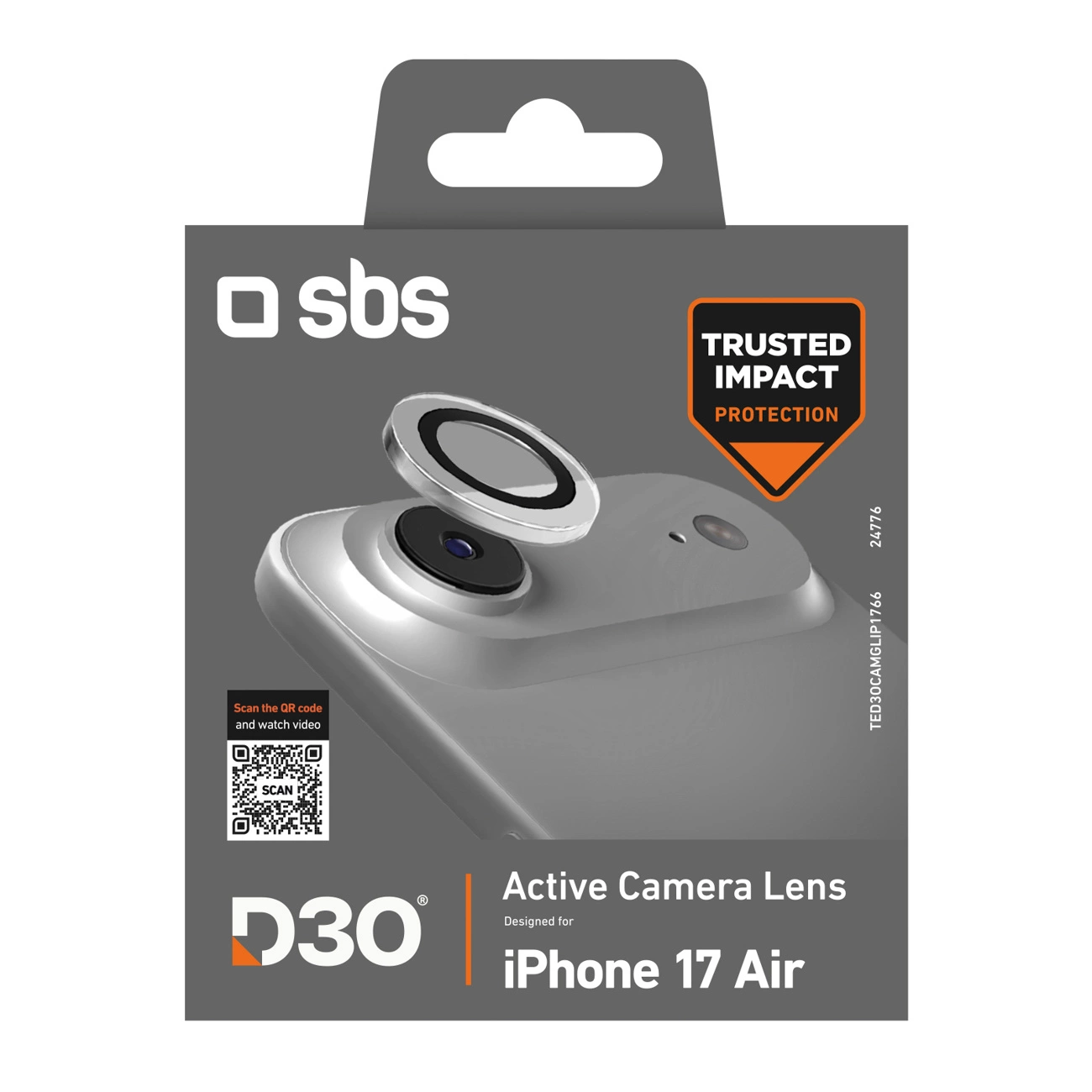 Embalaje para iPhone 17 Air Active Camera Lens con anillo protector y código QR.