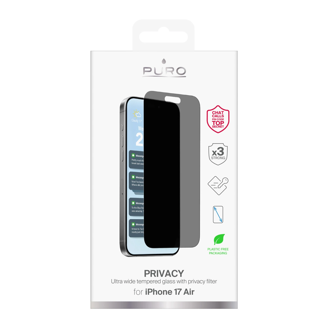 Confezione in vetro temperato privacy Puro per iPhone 17 Air, con pellicola nera e icone.