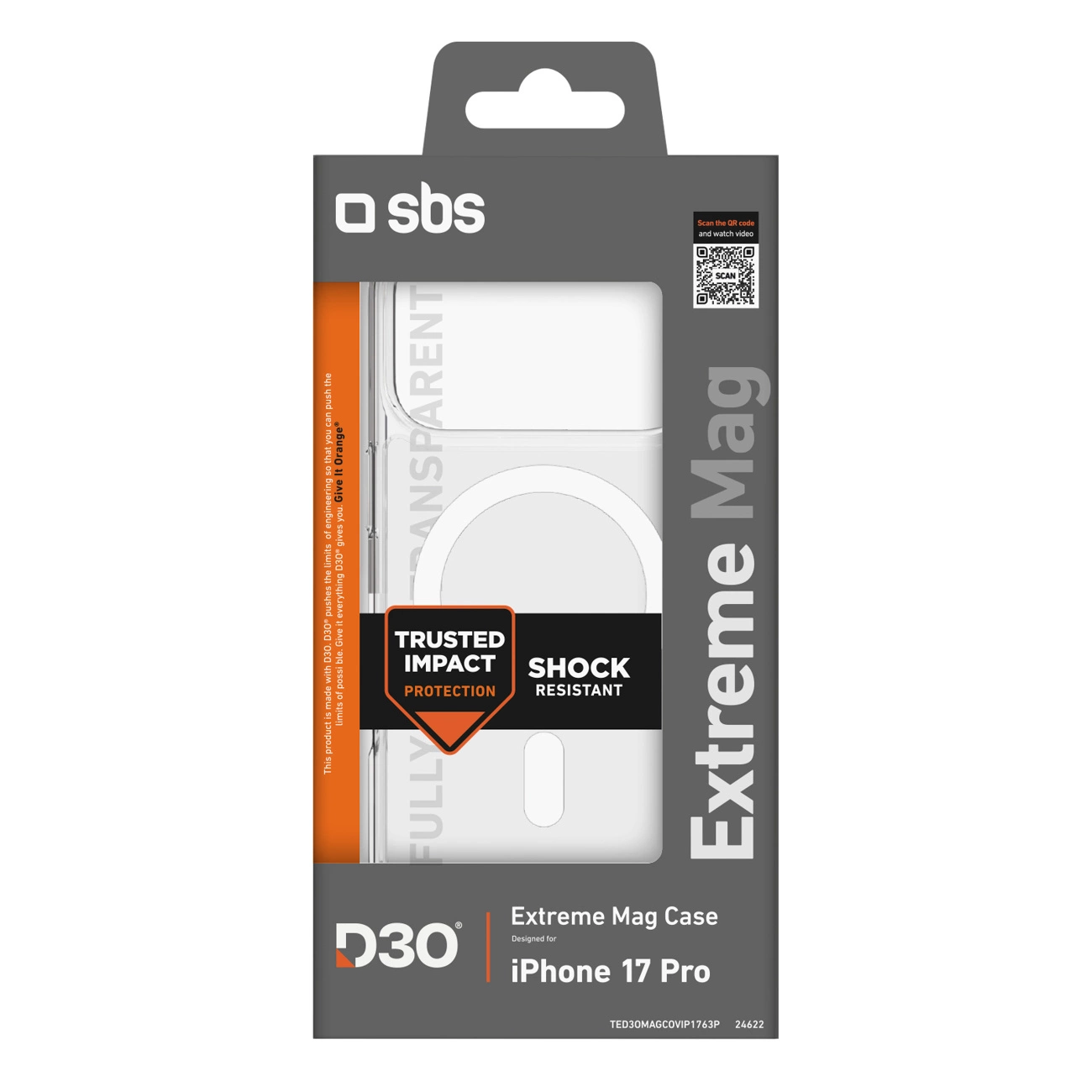 Opakowanie na wstrząsoodporne etui na telefon SBS Extreme Mag do iPhone 17 Pro z kodem QR.