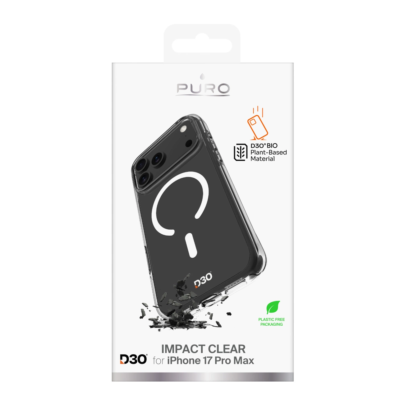 Custodia trasparente Puro D3O per iPhone 17 Pro Max in confezione bianca con etichette in materiale vegetale.