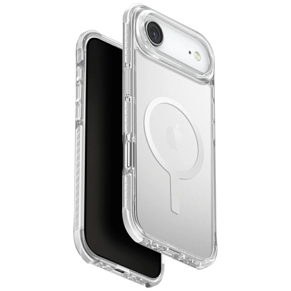 MagSafe halkalı şeffaf akıllı telefon kılıfı önden ve arkadan beyaz arka planda gösteriliyor.
