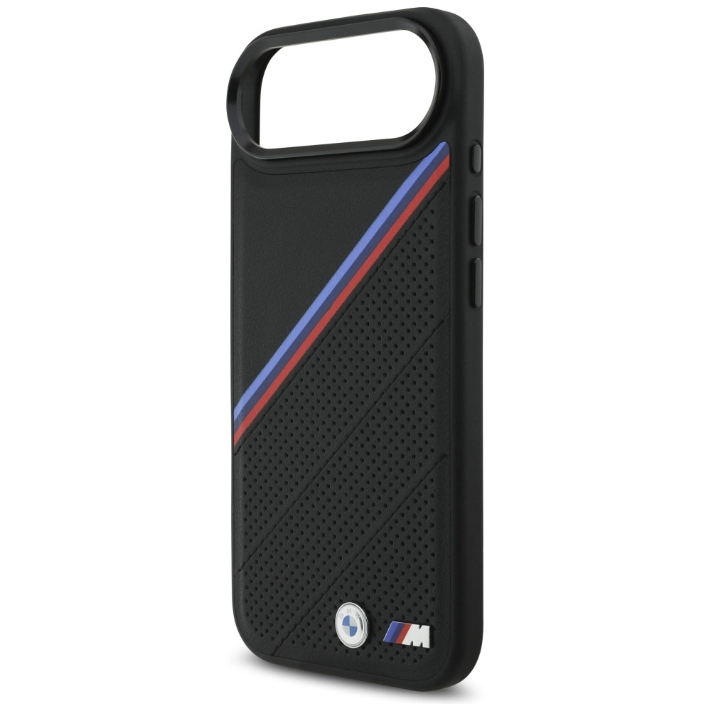 Custodia per telefono nera con texture perforata, strisce blu e rosse e loghi BMW e M.