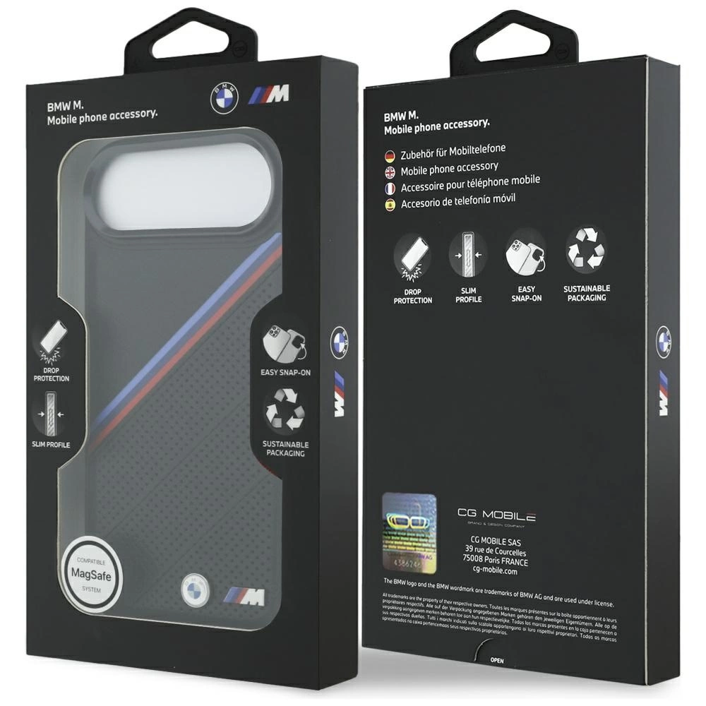 Custodia per cellulare BMW M nera in confezione con strisce blu e rosse.