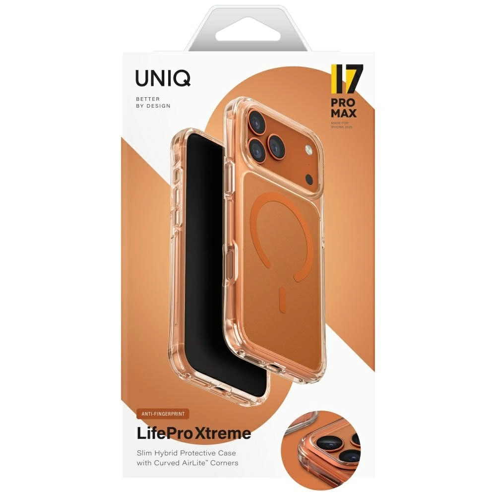 Turuncu renkli iPhone 17 Pro Max için şeffaf Uniq LifePro Xtreme telefon kılıfı ambalajı.