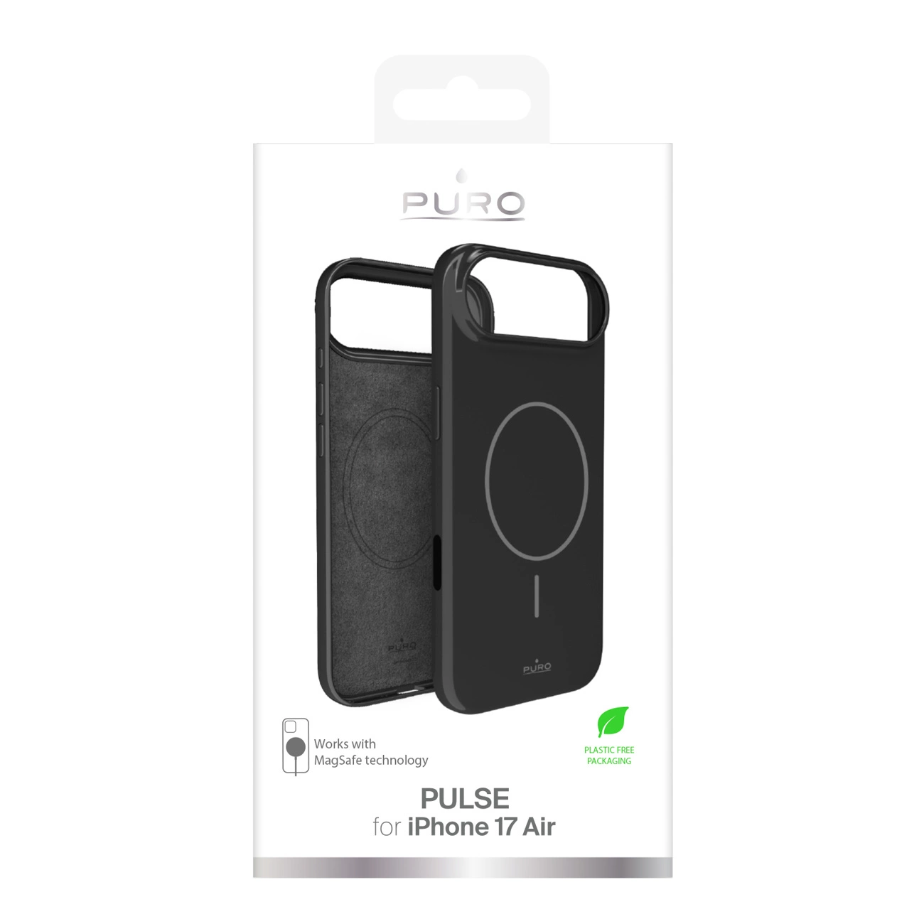 Confezione con una custodia per cellulare nera PURO Pulse MagSafe per iPhone 17 Air.