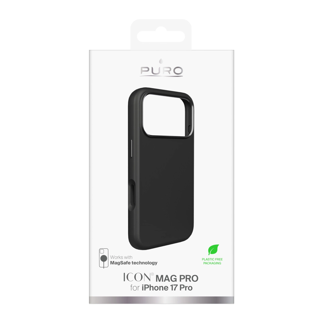 Schwarze Puro Mag Pro iPhone 17 Pro Schutzhülle in weißer Verpackung.