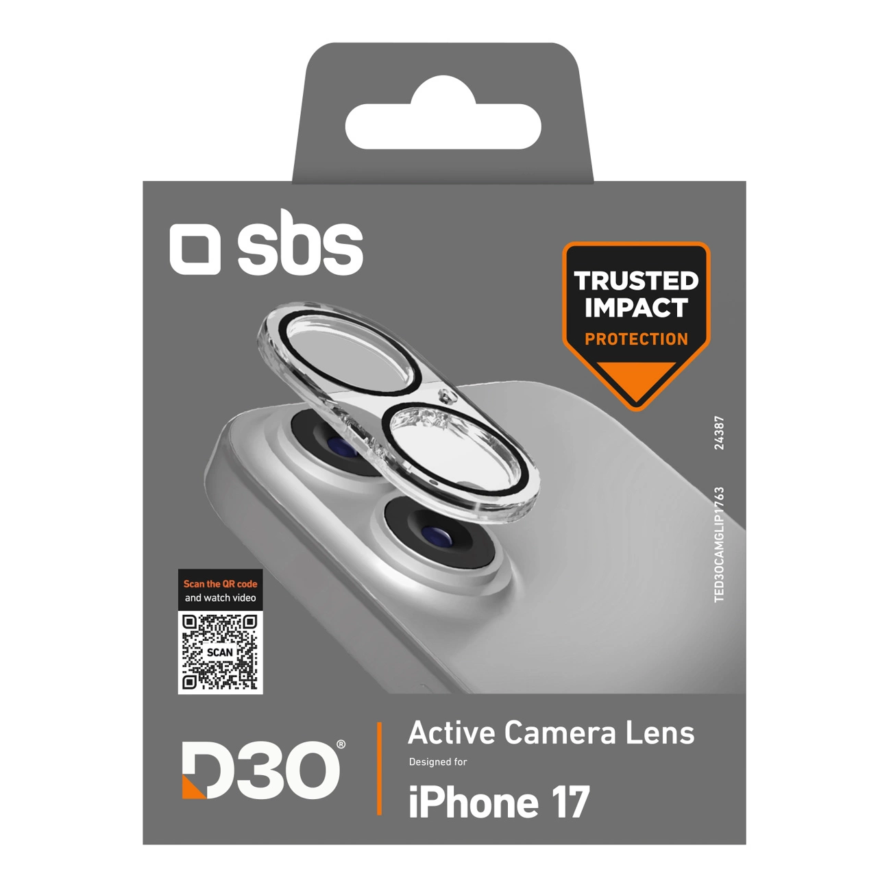 Embalaje para protector de lente de cámara SBS Active para iPhone 17 con código QR.
