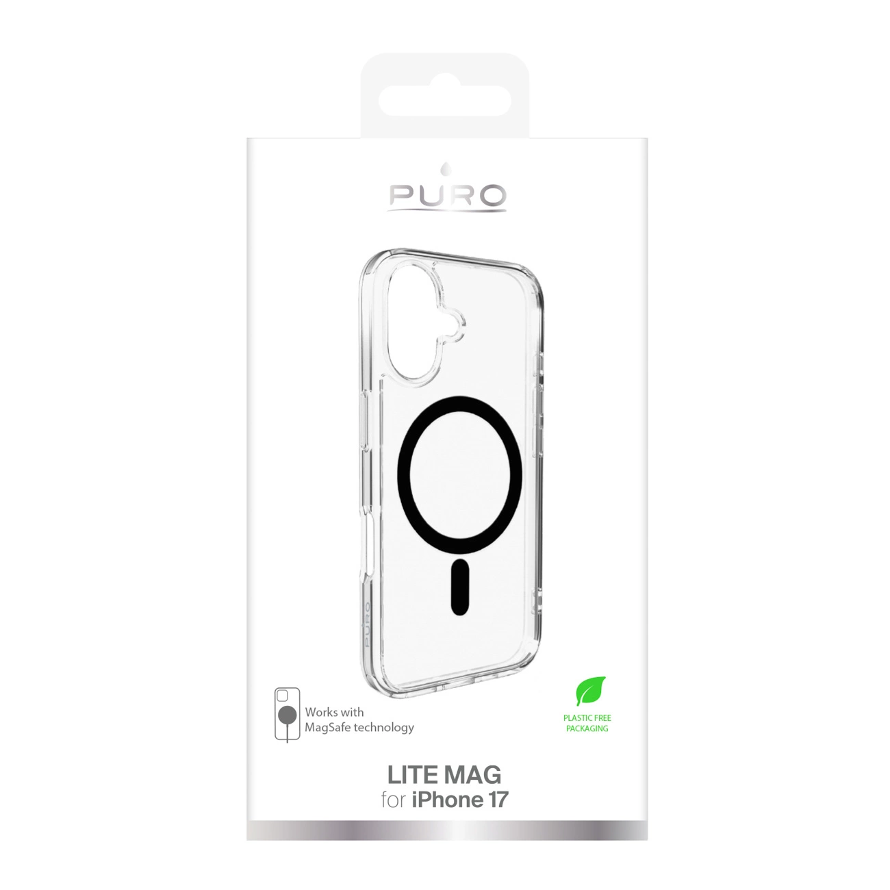 Transparente iPhone 17 Handyhülle in weißer Verpackung mit MagSafe-Symbol und Text.