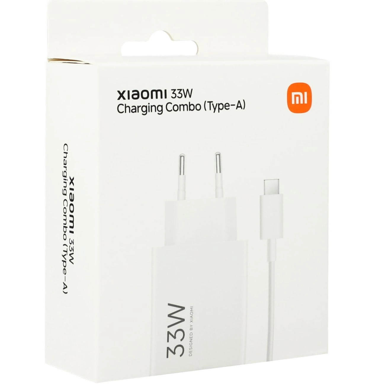 Confezione bianca del Xiaomi 33W Charging Combo con l'immagine di caricatore e cavo.