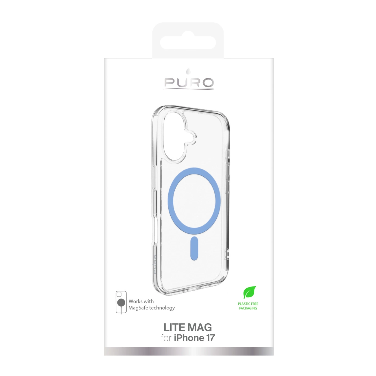 Custodia trasparente per iPhone 17 in confezione con anello MagSafe blu.