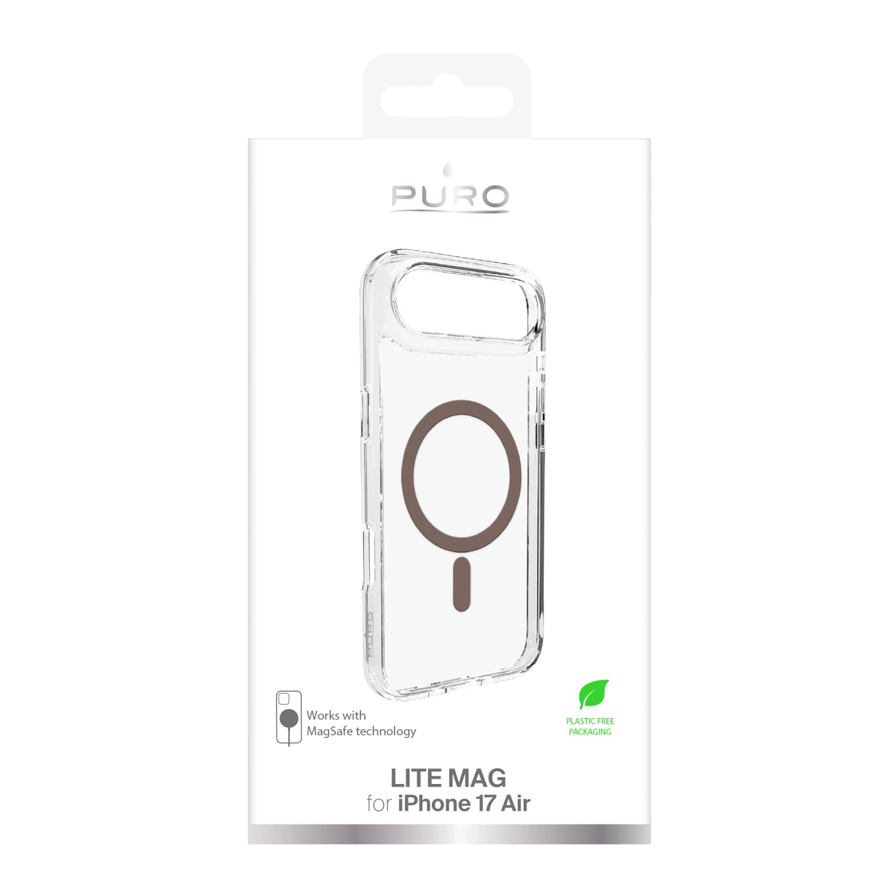 Custodia trasparente Puro Lite Mag per iPhone 17 Air con compatibilità MagSafe in confezione bianca.