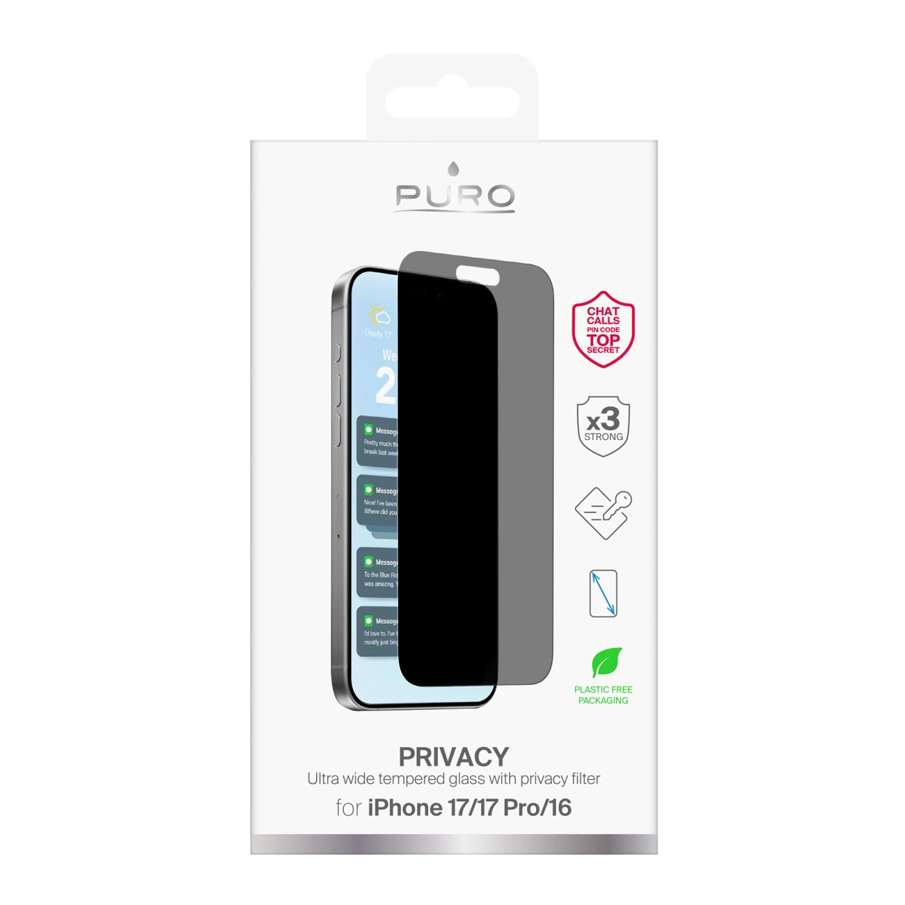 Envase de vidrio templado de privacidad Puro para iPhone 17/17 Pro/16, con gráfico de teléfono e iconos de filtro.