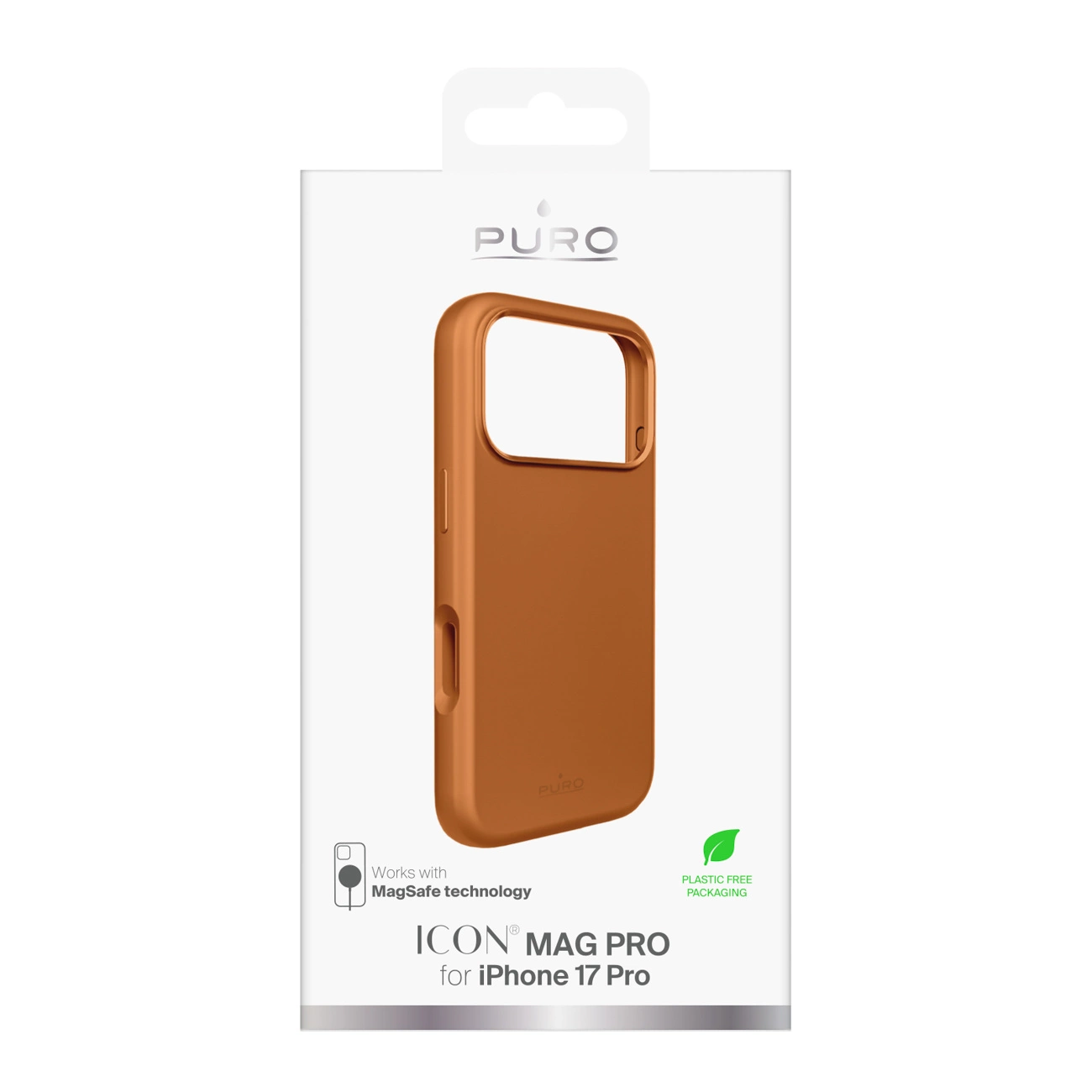 Funda de teléfono marrón Puro Icon Mag Pro en su caja, etiquetada para iPhone 17 Pro con MagSafe.