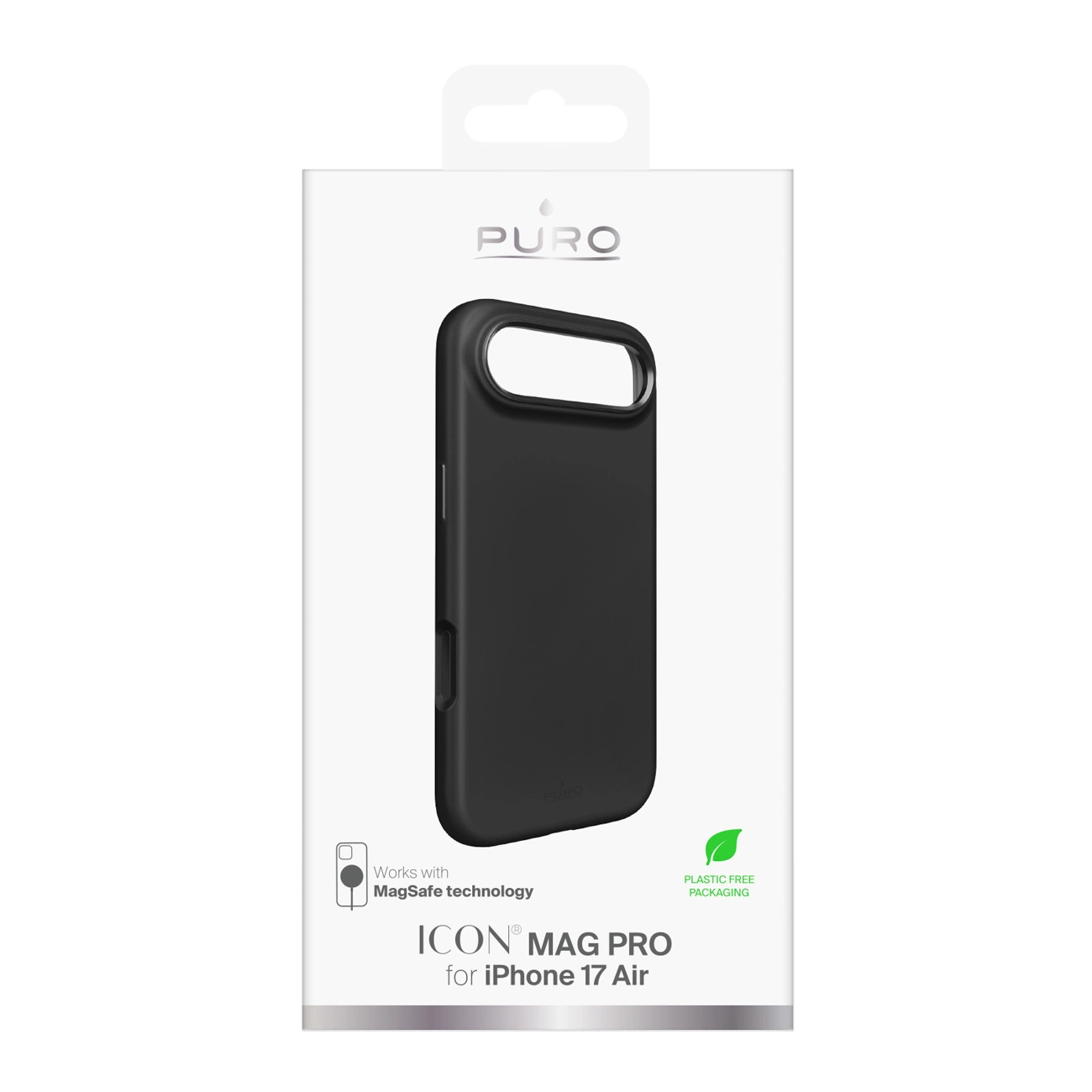 Confezione per cover nera Puro Icon Mag Pro per iPhone 17 Air, con MagSafe e plastica ecologica.