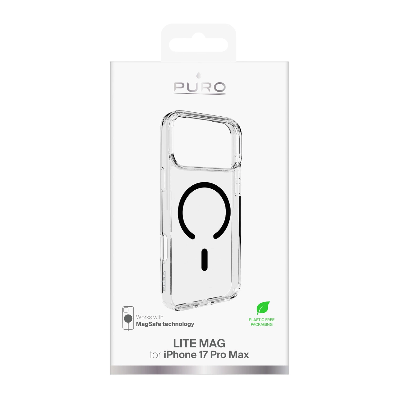 Confezione della custodia trasparente Puro Lite Mag per iPhone 17 Pro Max, con icone MagSafe e senza plastica.