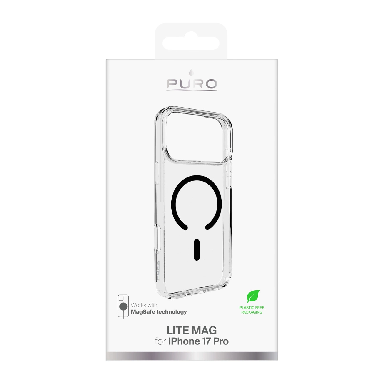 Confezione di una custodia trasparente PURO Lite Mag per iPhone 17 Pro con tecnologia MagSafe.