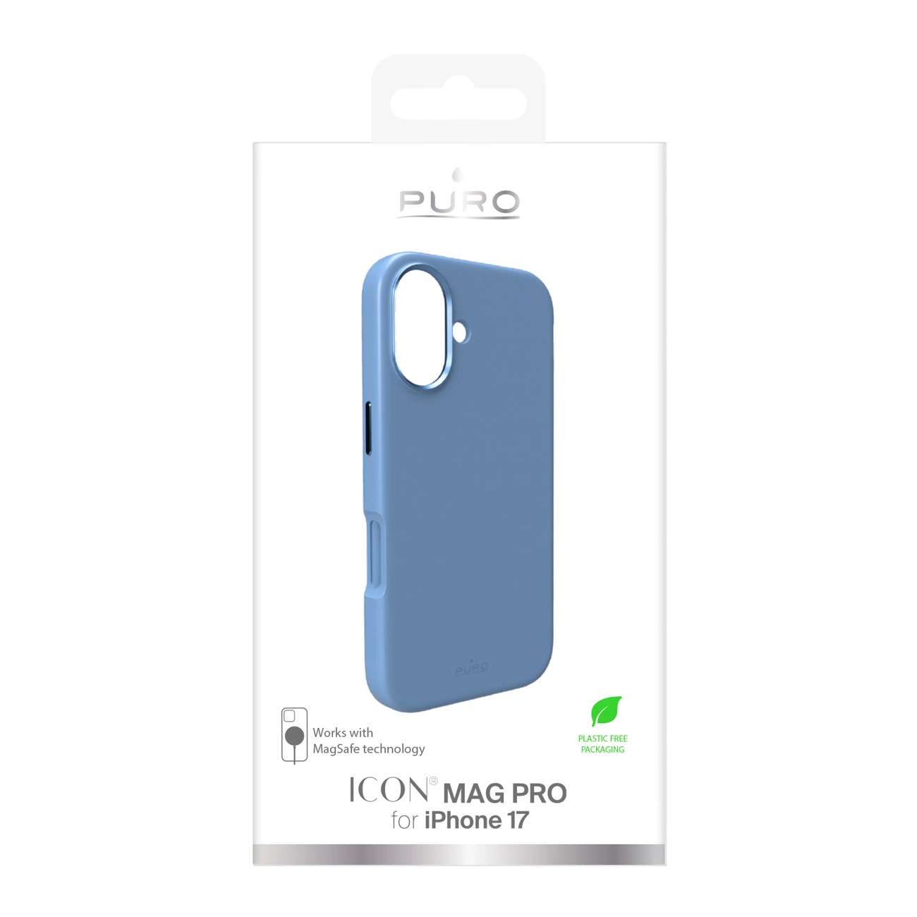 Verpackung für blaue Puro Icon Mag Pro iPhone 17 Hülle mit MagSafe.