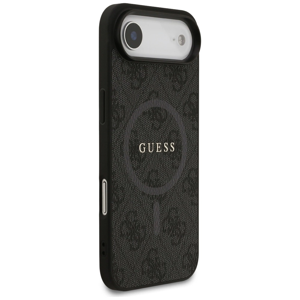 Custodia protettiva nera con motivo Guess e logo circolare in rilievo.