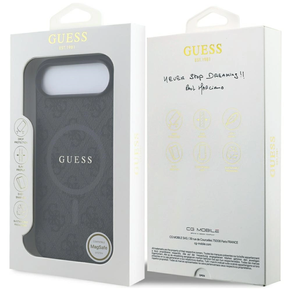 Confezione bianca per cover Guess con custodia nera fantasia e logo MagSafe.