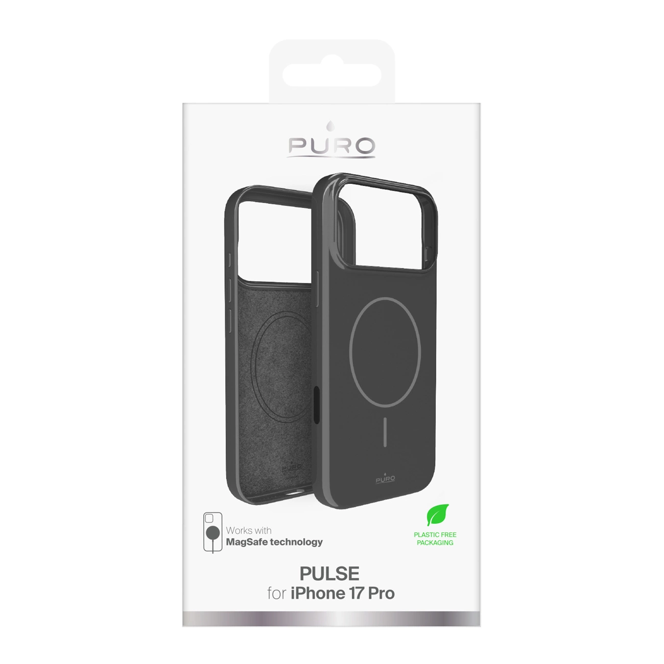 Fundas Puro Pulse MagSafe para iPhone 17 Pro en empaque blanco, mostrando vistas frontal y trasera.