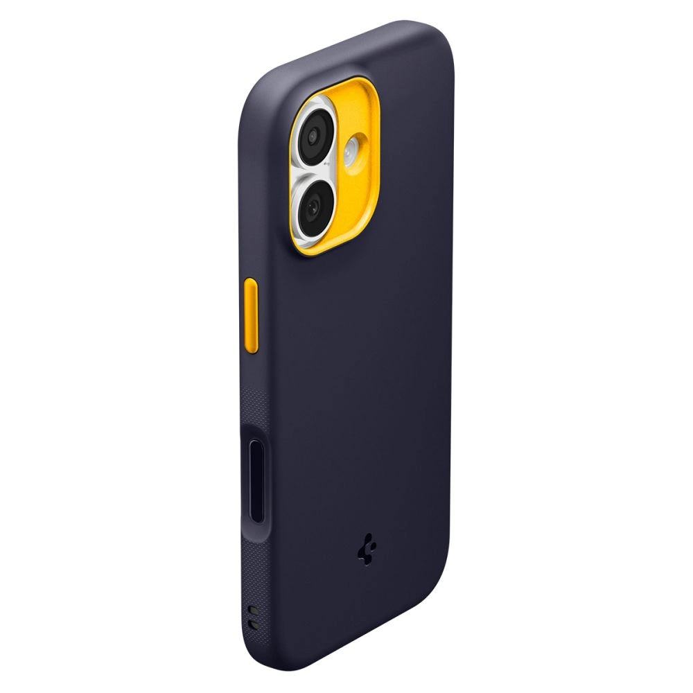 Una custodia per smartphone blu scuro con ritaglio fotocamera giallo e pulsante laterale giallo su sfondo bianco.