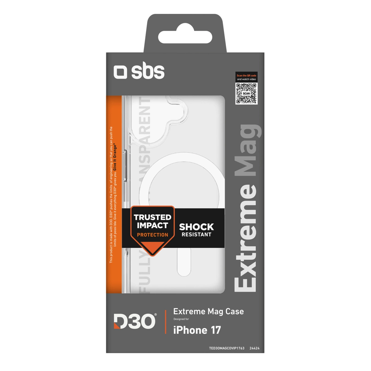Opakowanie etui ochronnego Extreme Mag D3O do iPhone 17 w kolorze szarym i pomarańczowym.