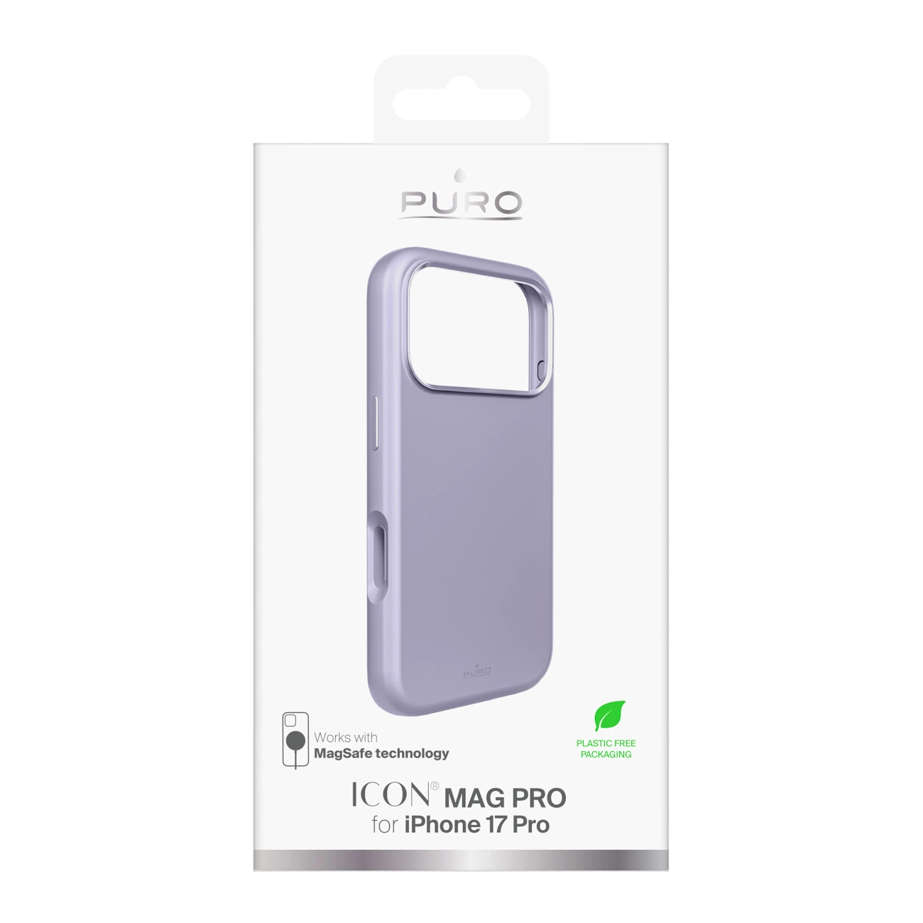 Lila farbene PURO Icon Mag Pro Handyhülle in einer weißen Verpackung für iPhone 17 Pro.
