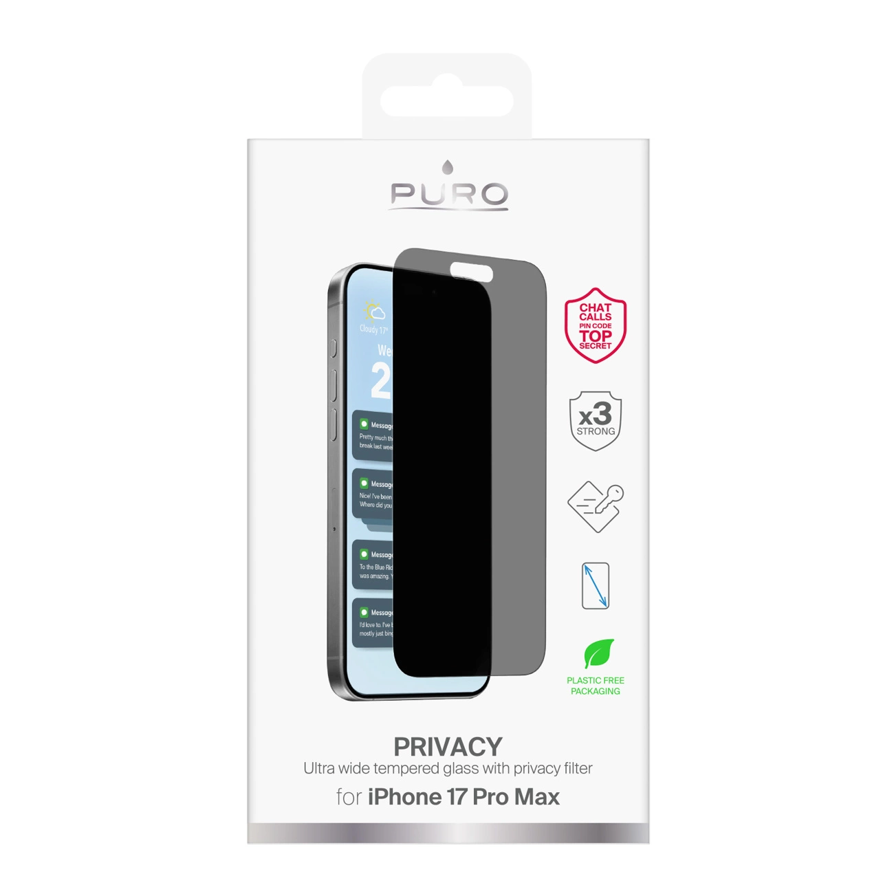 Confezione in vetro temperato per la privacy Puro per iPhone 17 Pro Max con icone delle funzioni.