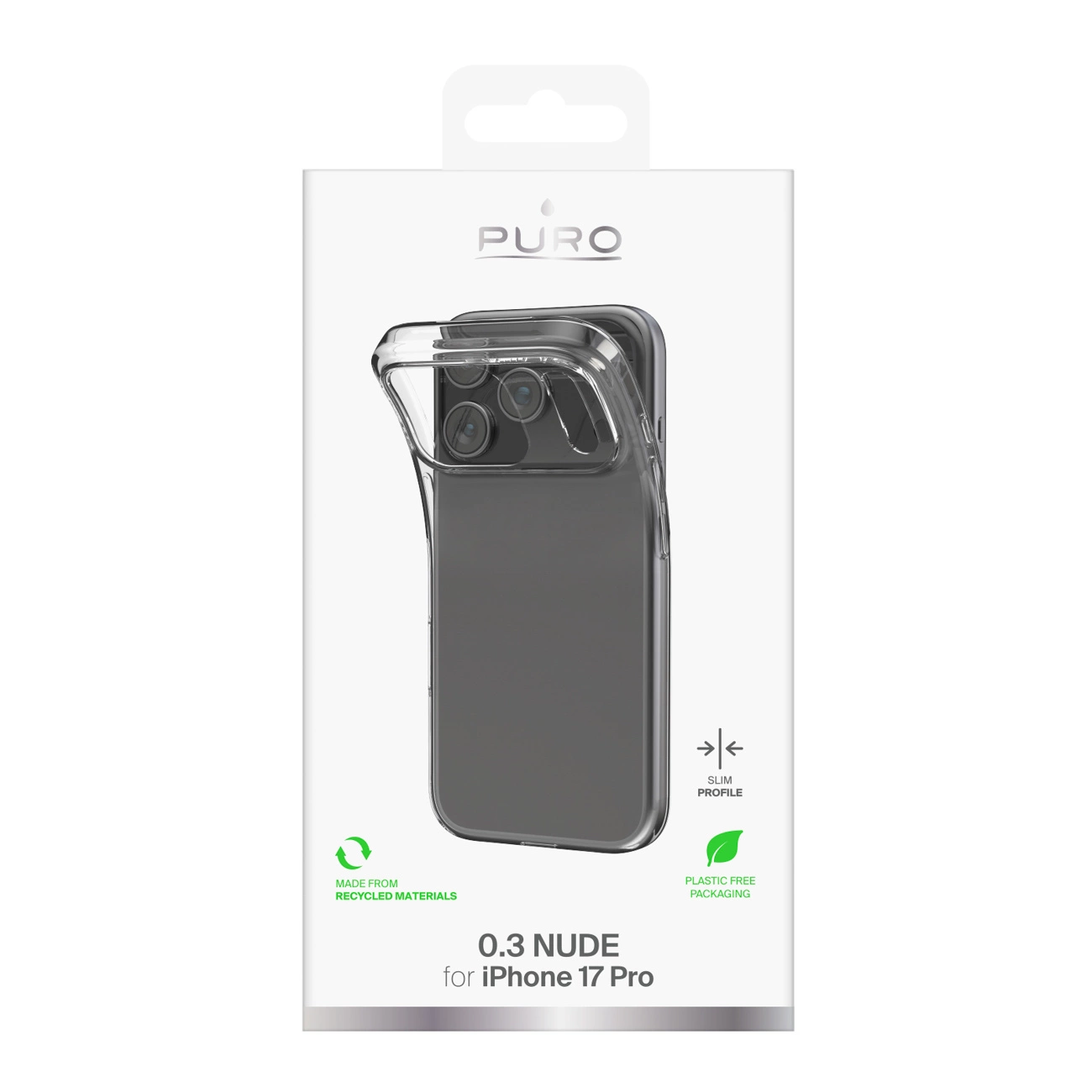 Una custodia per telefono Puro 0.3 Nude per iPhone 17 Pro in confezione bianca.