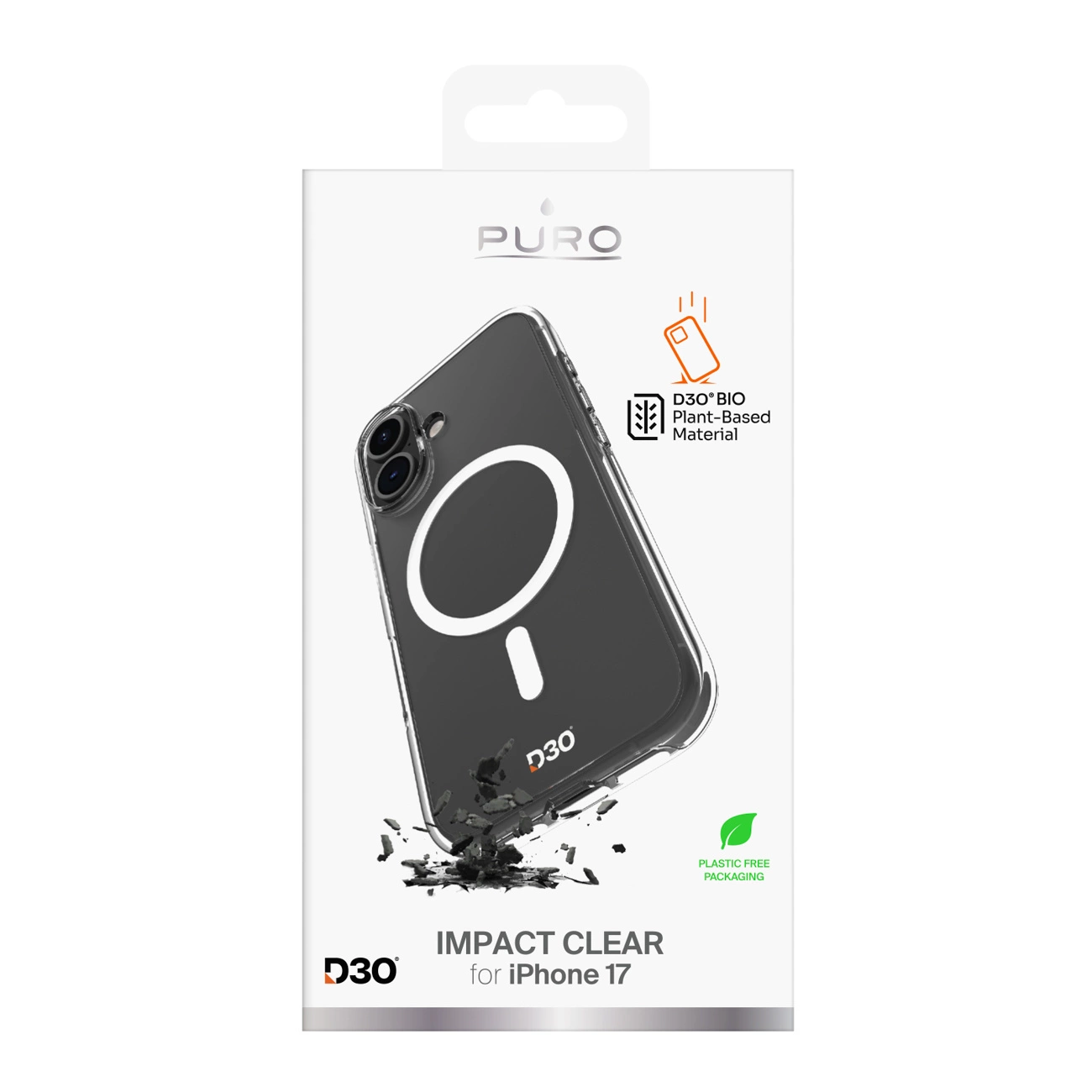 Confezione per custodia trasparente Puro per iPhone 17 con materiale bio D3O e plastica zero.