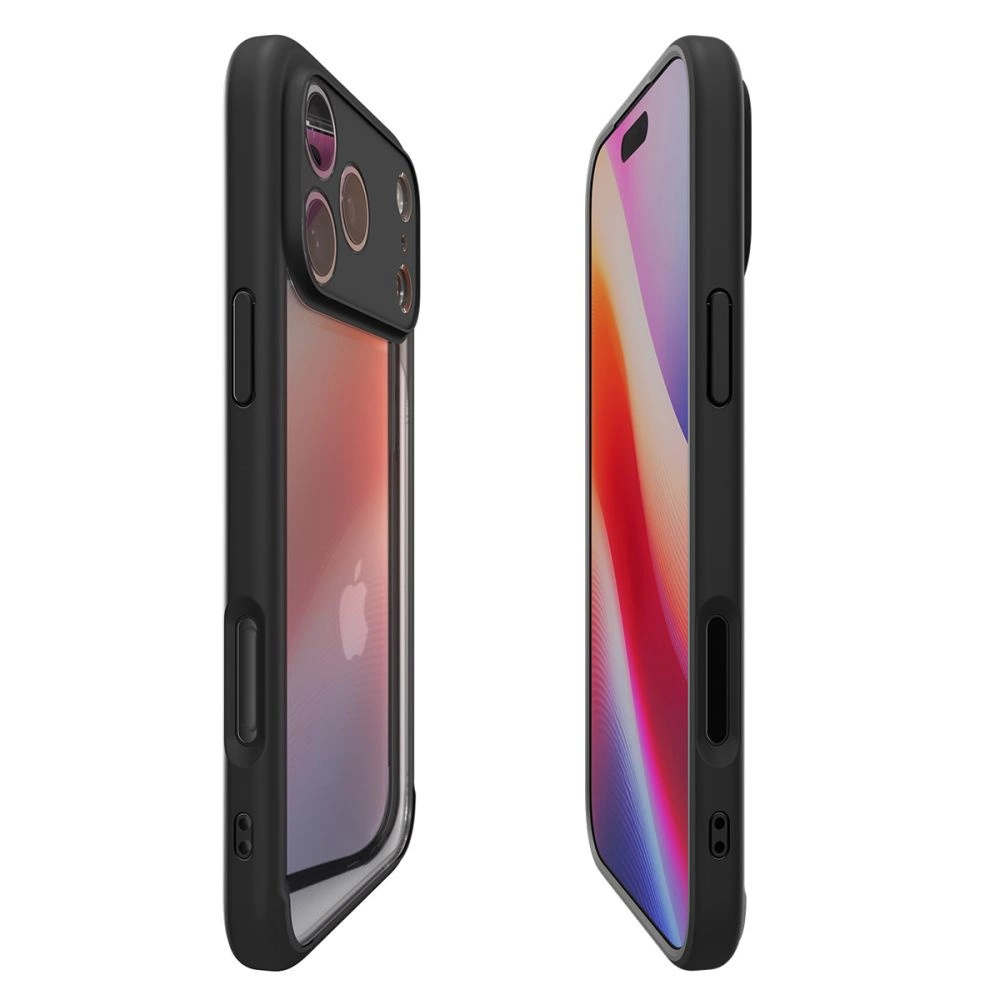 Due viste di uno smartphone all'interno di una custodia protettiva nera con schermo colorato.