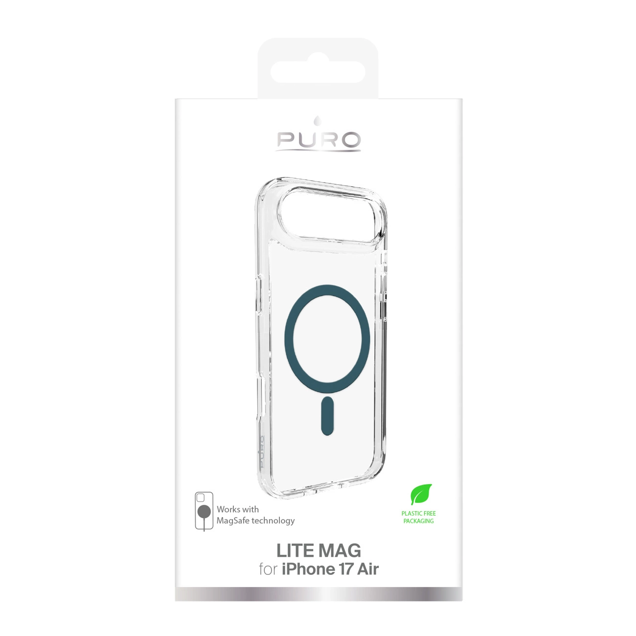 Custodia per telefono MagSafe trasparente in confezione bianca per iPhone 17 Air.
