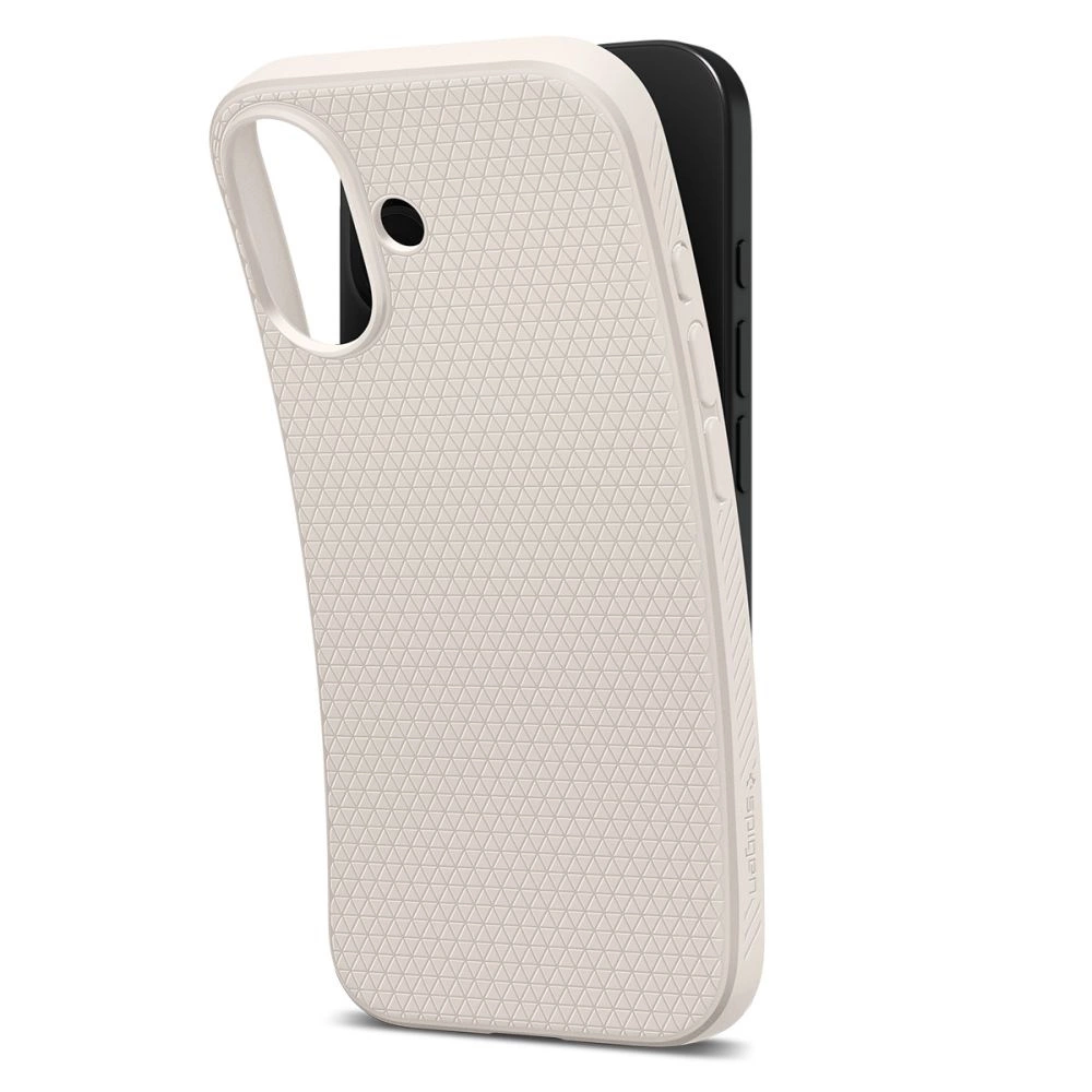Uno smartphone nero con una custodia protettiva bianco crema testurizzata su sfondo bianco.