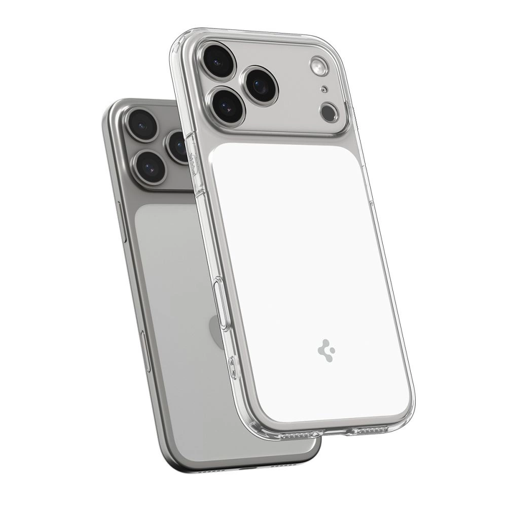 Due smartphone in custodie protettive trasparenti con tripla fotocamera su sfondo bianco.