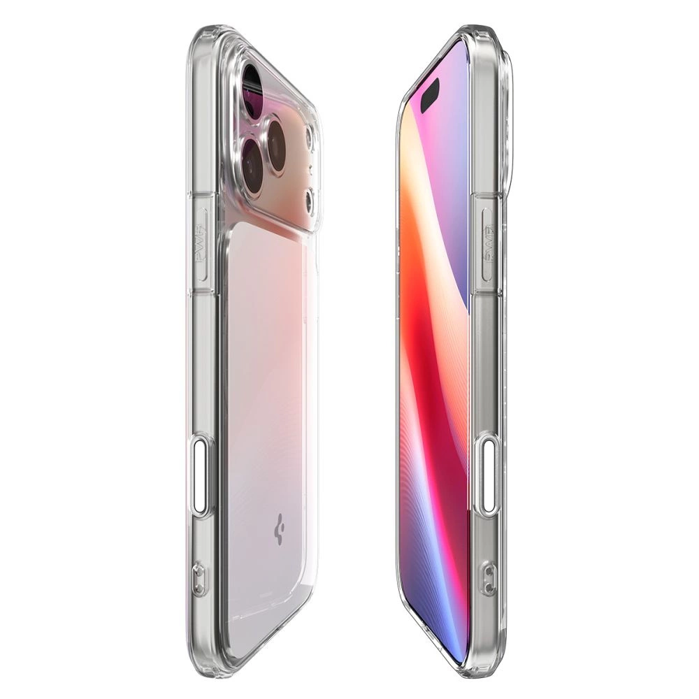 Due viste di uno smartphone in una custodia trasparente su sfondo bianco.