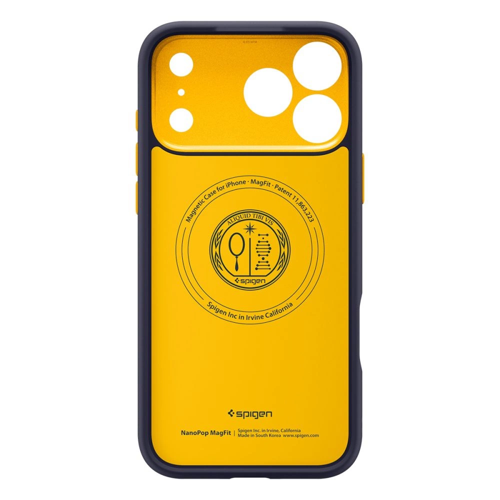 Una custodia gialla e blu scuro con logo MagFit circolare e marchio Spigen.