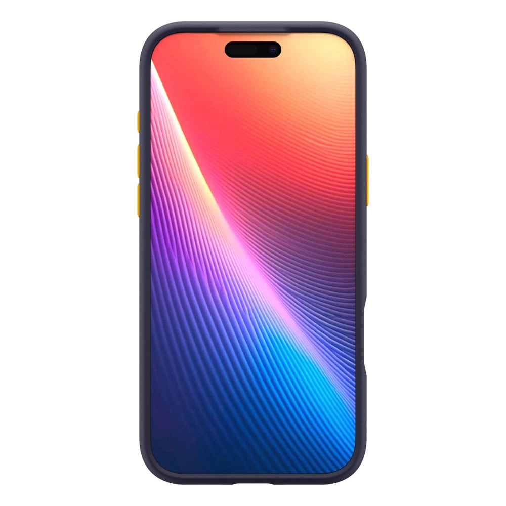 Smartphone in custodia protettiva scura con sfondo colorato e ondulato sullo schermo.