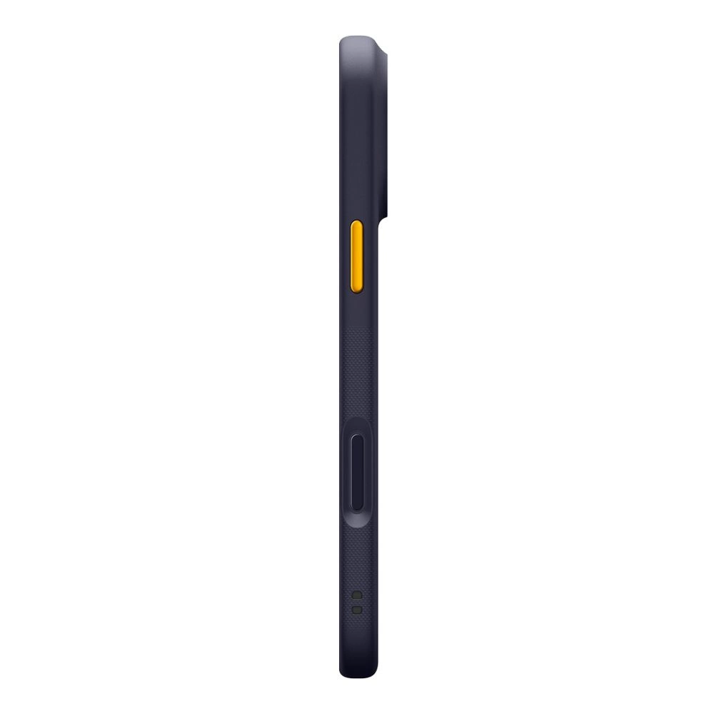 Vista laterale di una custodia per smartphone scura con un pulsante giallo e uno nero.