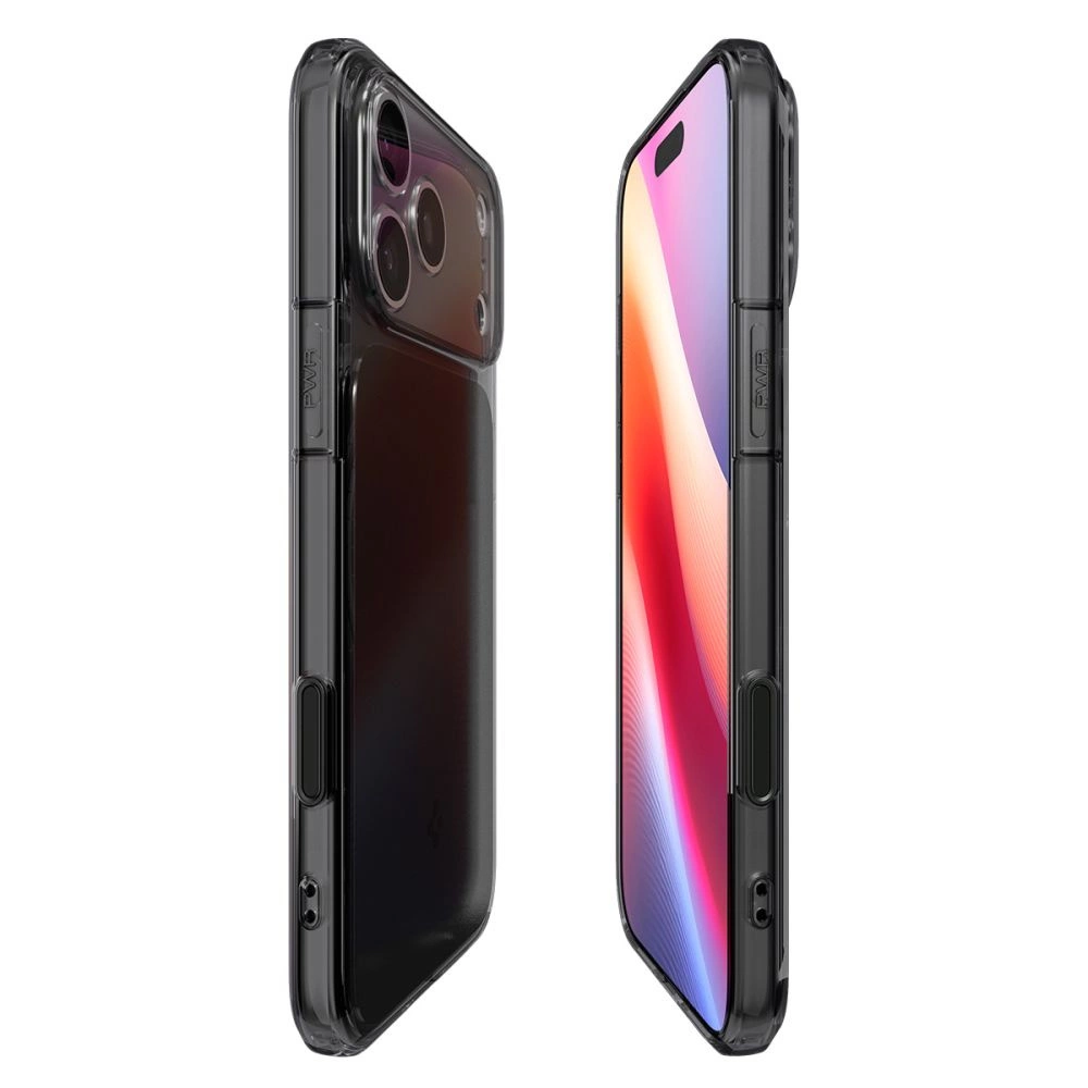 Uno smartphone nero in una custodia protettiva, mostrato da dietro e davanti con uno schermo colorato.