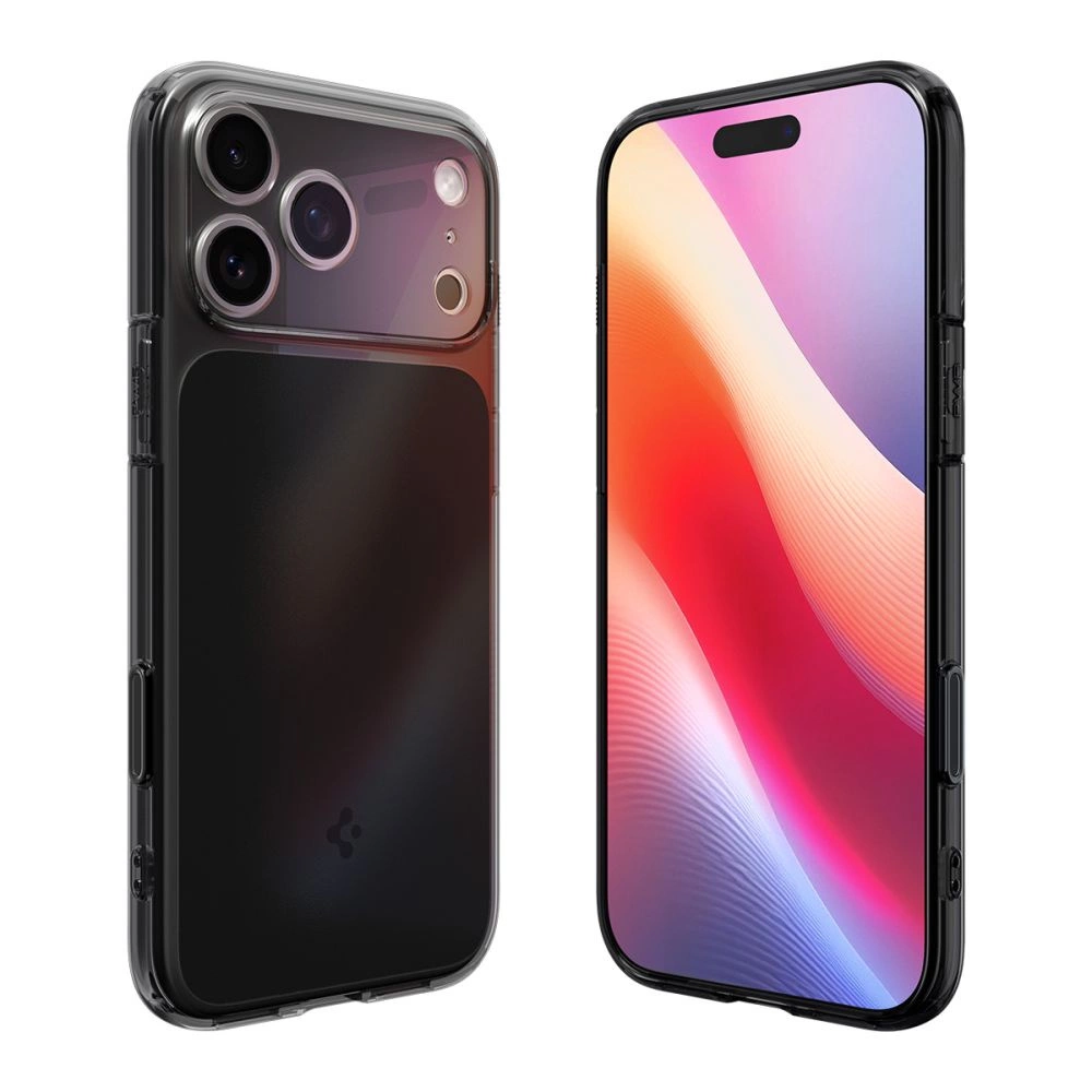 Uno smartphone in custodia trasparente, con il retro a tre fotocamere a sinistra e lo schermo colorato a destra.