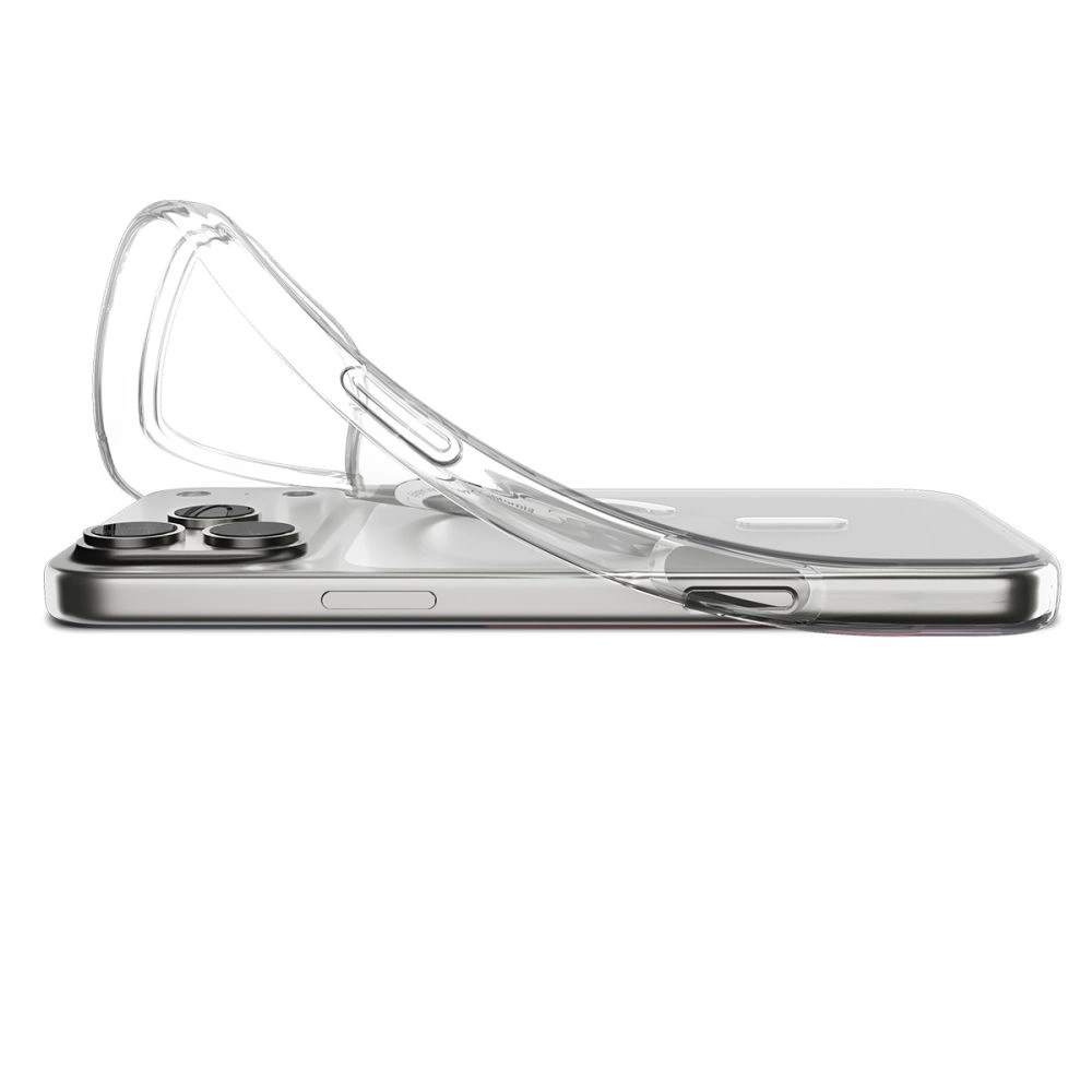 Eine flexible transparente Handyhülle wird teilweise von einem Smartphone abgezogen vor weißem Hintergrund.