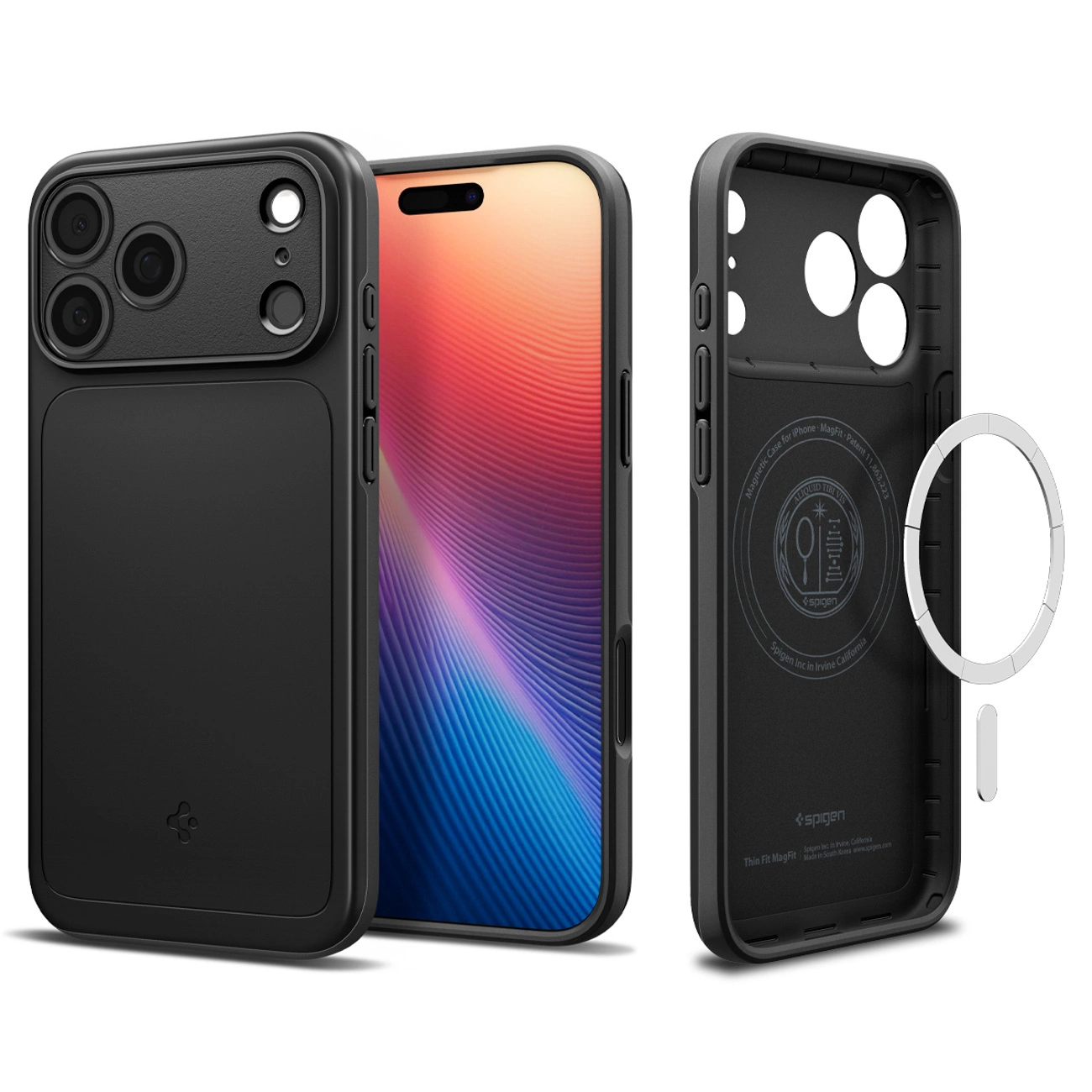 Custodia nera per iPhone con MagSafe, mostrata da davanti, dietro e interno.