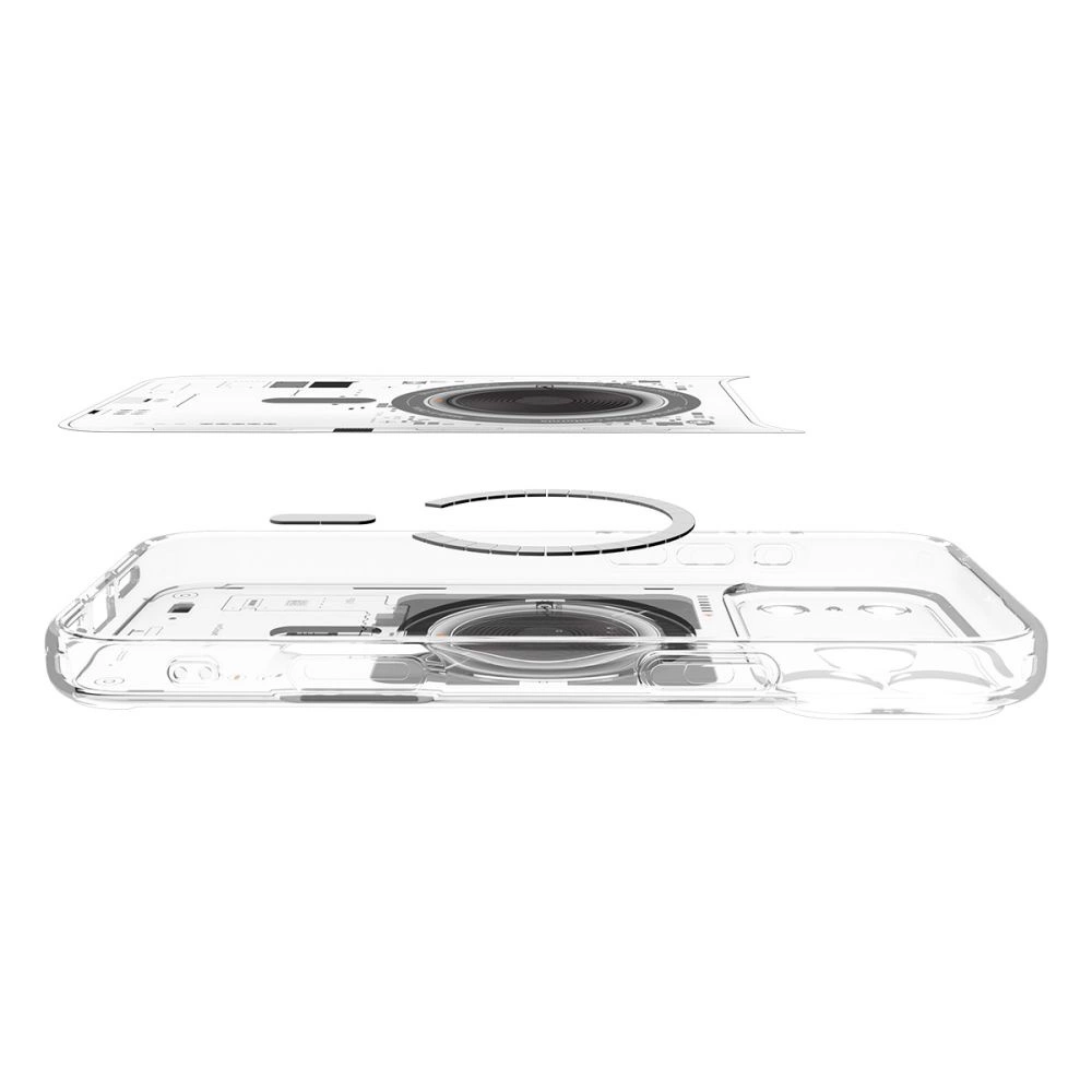 Custodia trasparente per telefono con design rimovibile e anello magnetico integrato su sfondo bianco.