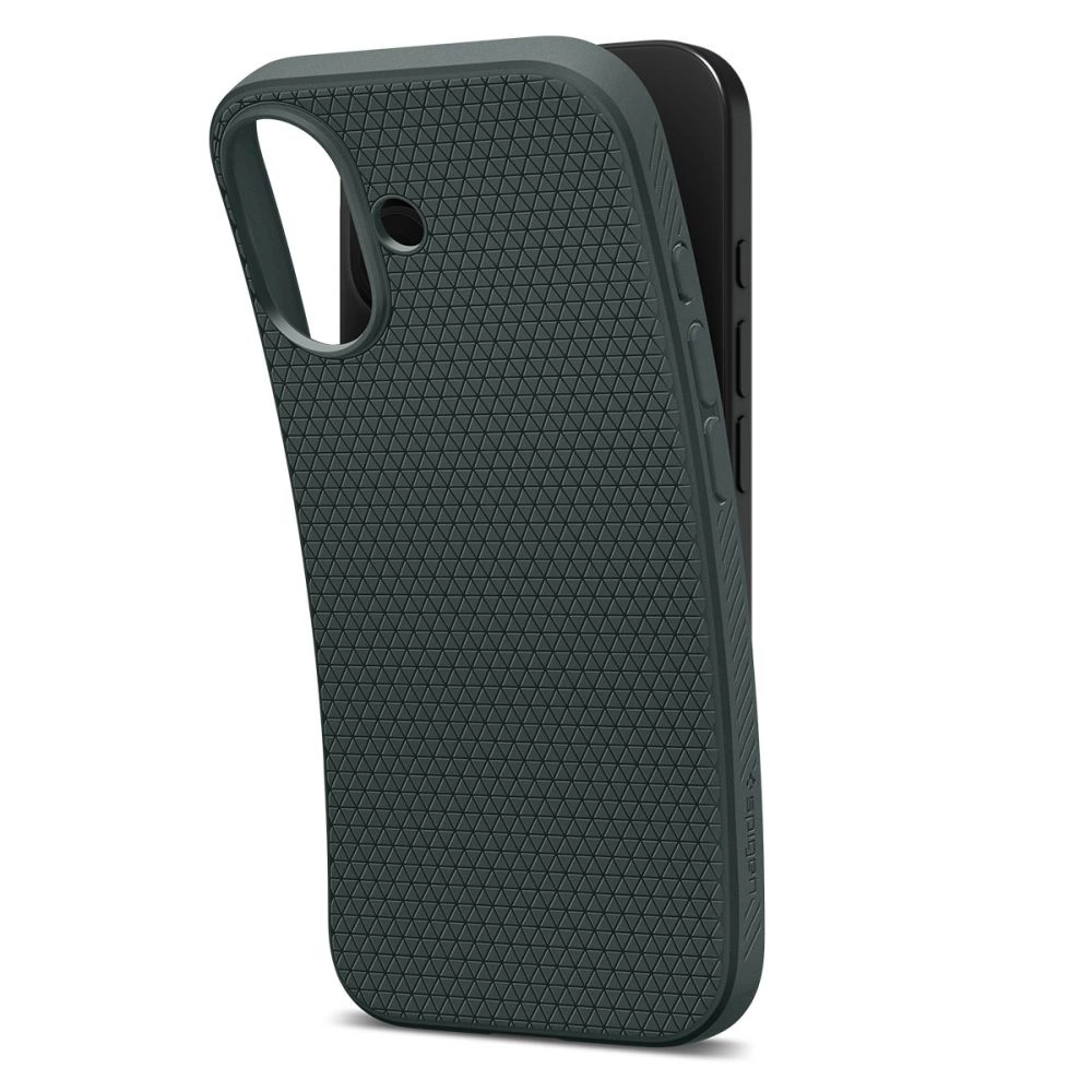 Custodia protettiva grigio scuro con motivo triangolare sul retro che protegge uno smartphone.