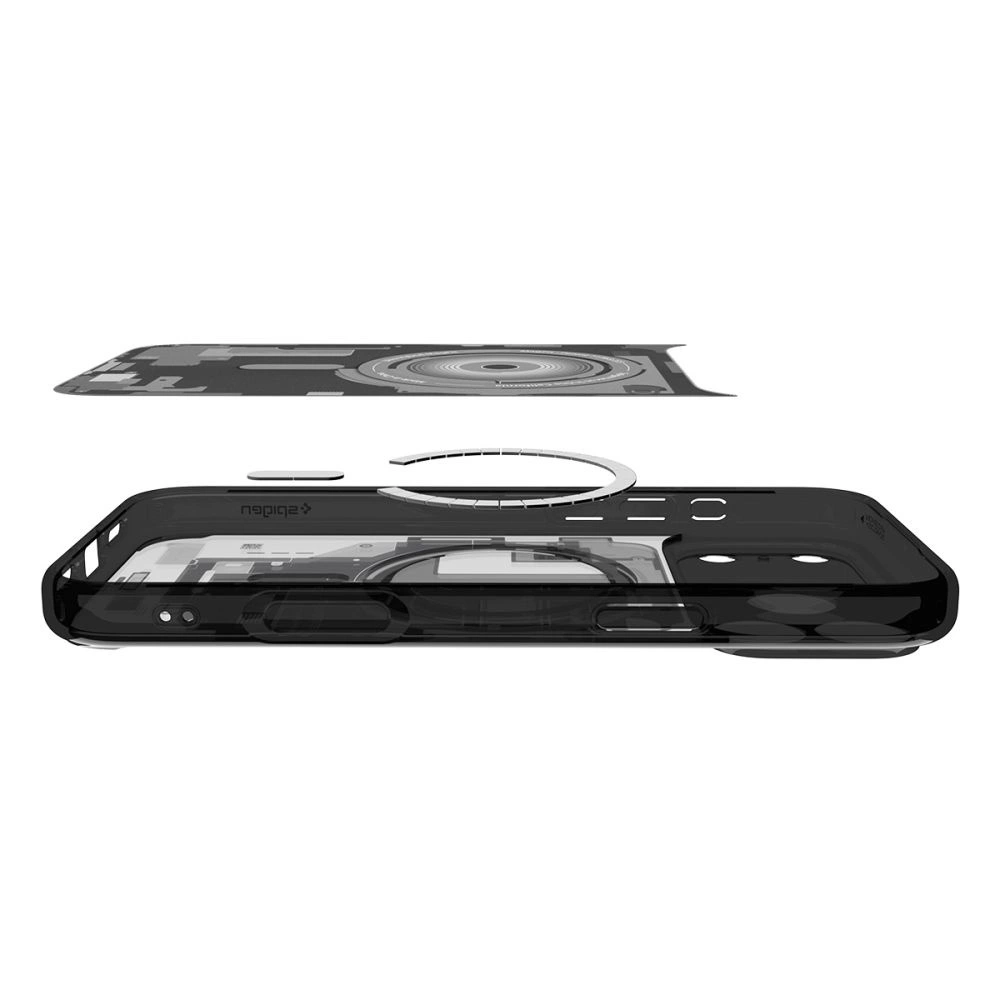 Vista esplosa di una custodia trasparente con anello magnetico e pellicola interna.