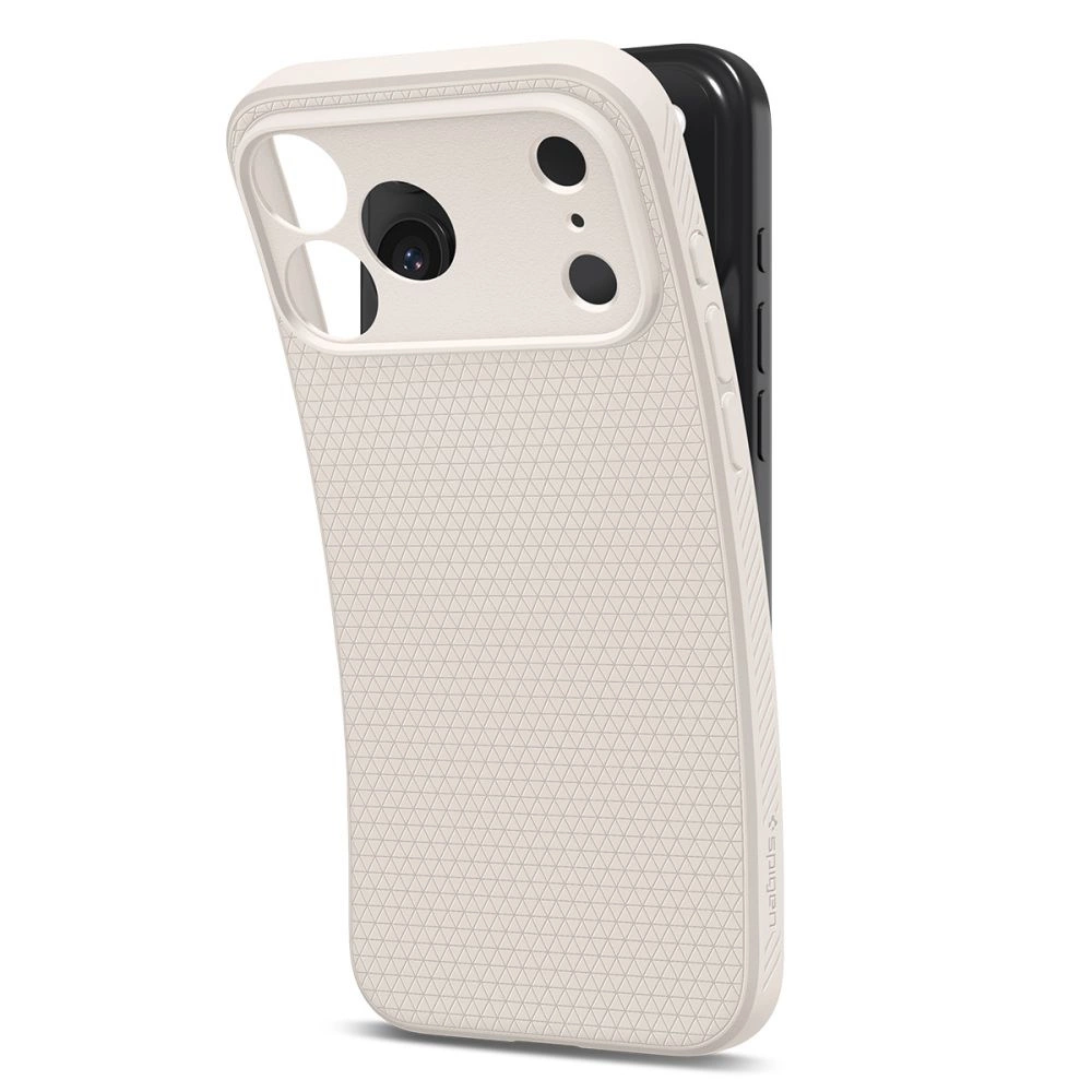 Una custodia protettiva bianca con motivo geometrico è parzialmente rimossa da uno smartphone nero.
