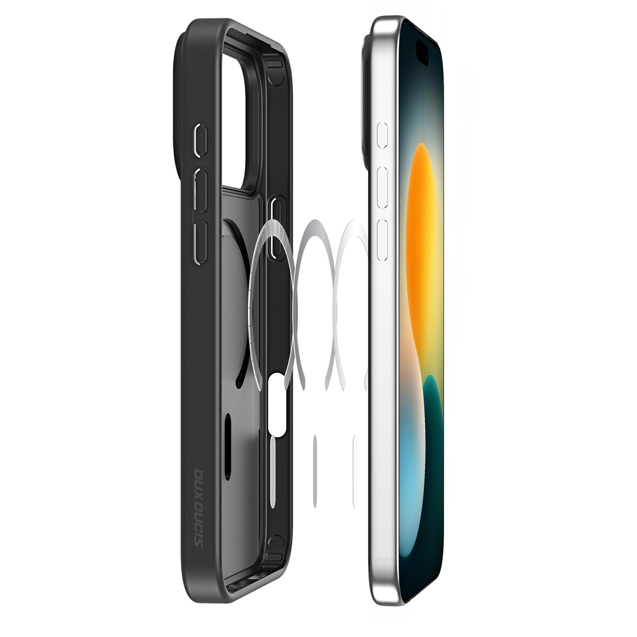 Eine schwarze Smartphone-Hülle und ein silbernes Smartphone nebeneinander zur magnetischen Ausrichtung.
