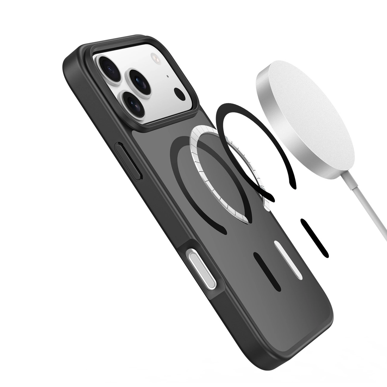 Ein Smartphone in schwarzer Hülle mit weißem magnetischem Qi-Ladegerät vor weißem Hintergrund.